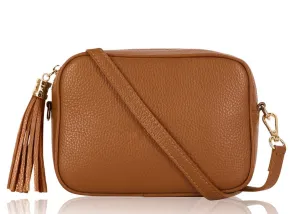 Dark Tan Leather Tassel Cross Body Bag