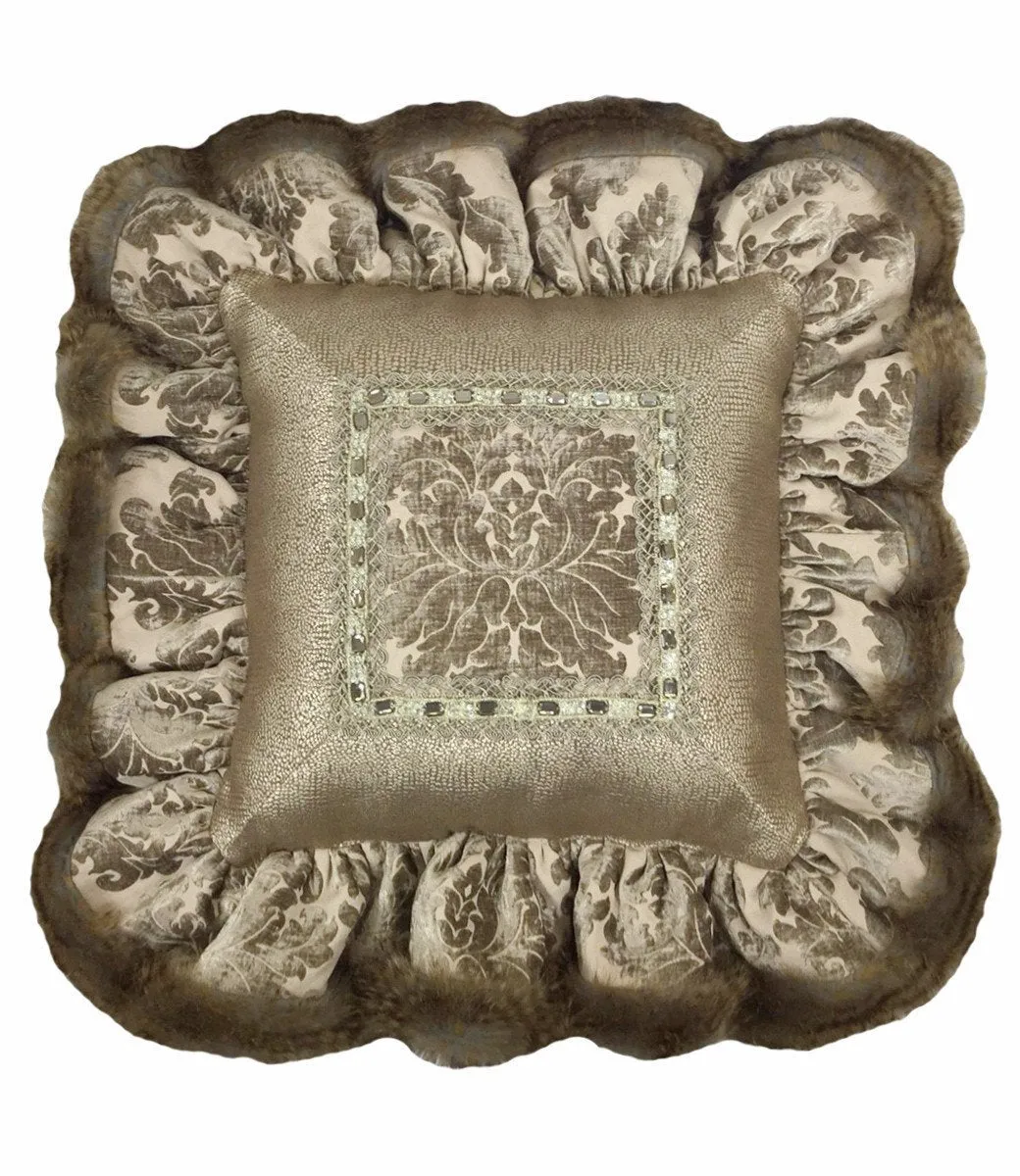 Decorative Throw Pillow Grey And Taupe Chenille Damask And Gecko Ruffled Square 18x18