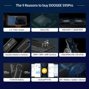 DOOGEE S95 Pro Mobile Phone 6.3inch Smartphone 5150mAh Helio P90 CPU 8GB RAM 128GB ROM 48MP 16MP 8MP Camera Black_RU version