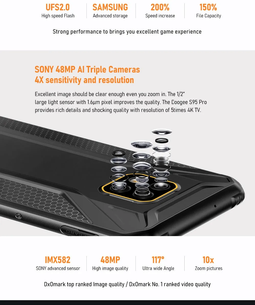 DOOGEE S95 Pro Mobile Phone 6.3inch Smartphone 5150mAh Helio P90 CPU 8GB RAM 128GB ROM 48MP 16MP 8MP Camera Black_RU version