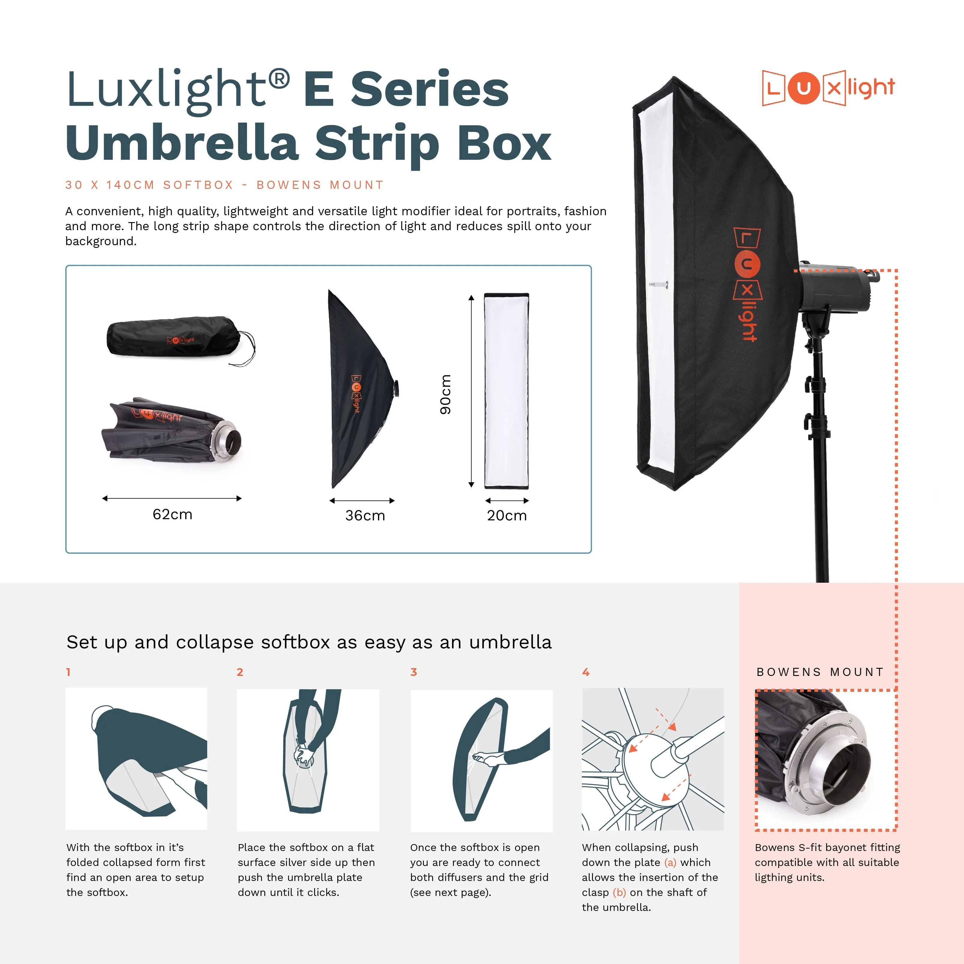 E Series Umbrella Stripbox | Bowens Mount | Softbox Diffuser