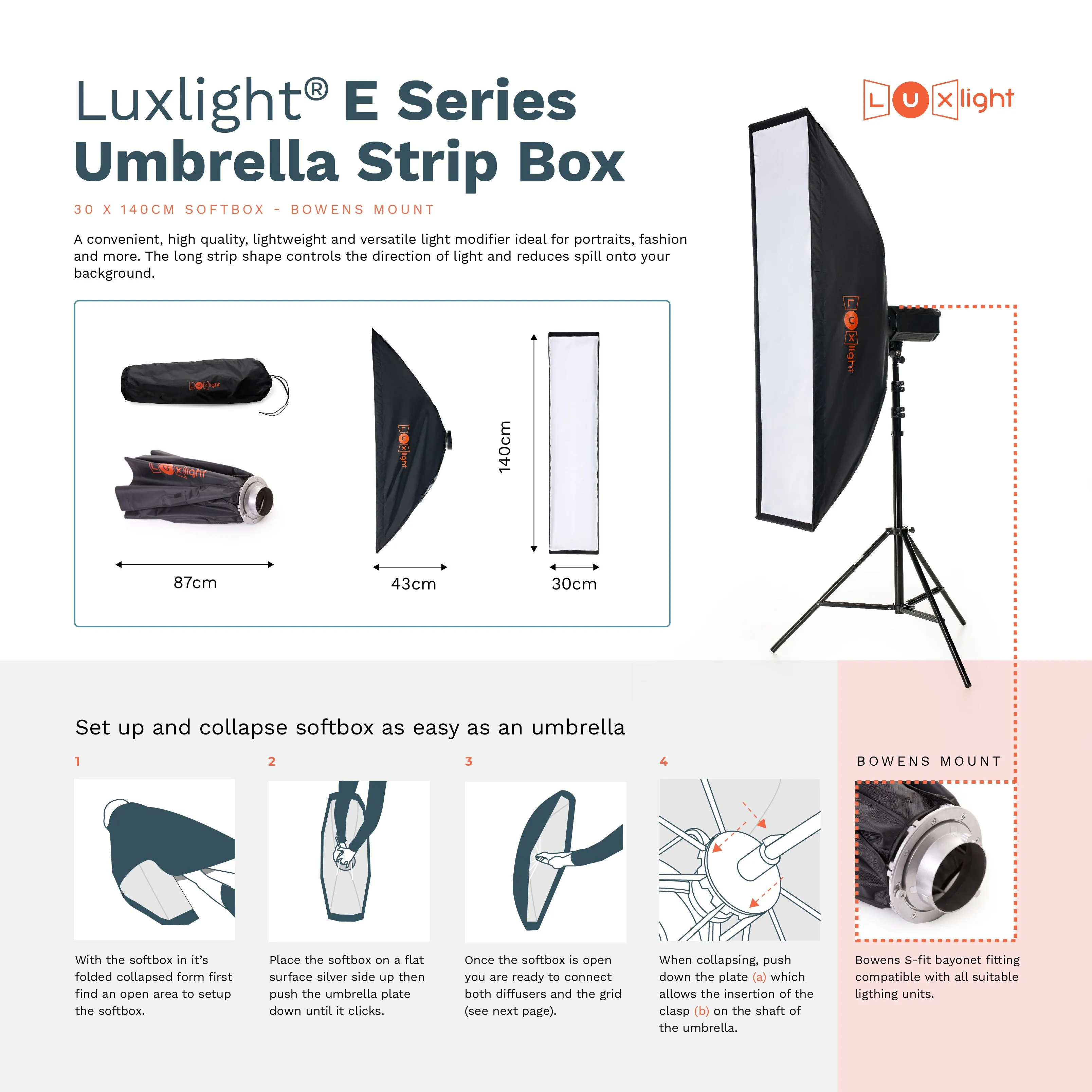 E Series Umbrella Stripbox | Bowens Mount | Softbox Diffuser