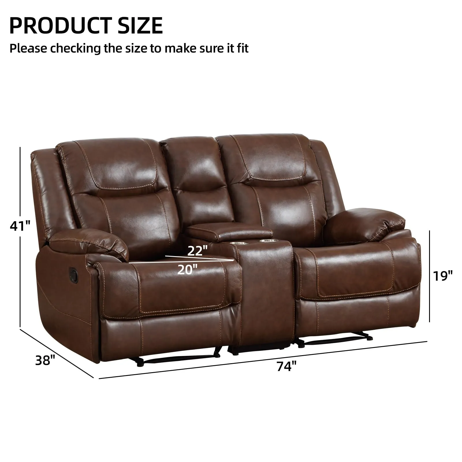 EBELLO Genuine Leather Manual Loveseat Sofa with Cup Holder & Hidden Storage - Brown