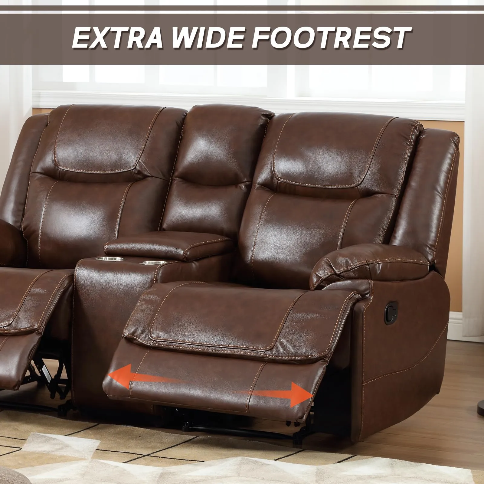 EBELLO Genuine Leather Manual Loveseat Sofa with Cup Holder & Hidden Storage - Brown