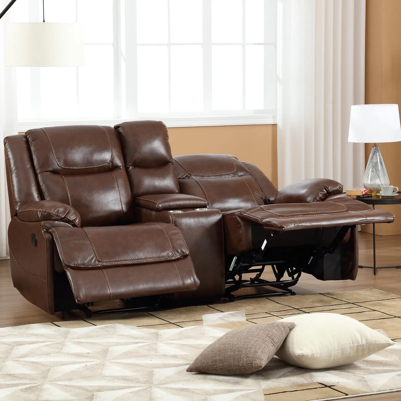 EBELLO Genuine Leather Manual Loveseat Sofa with Cup Holder & Hidden Storage - Brown