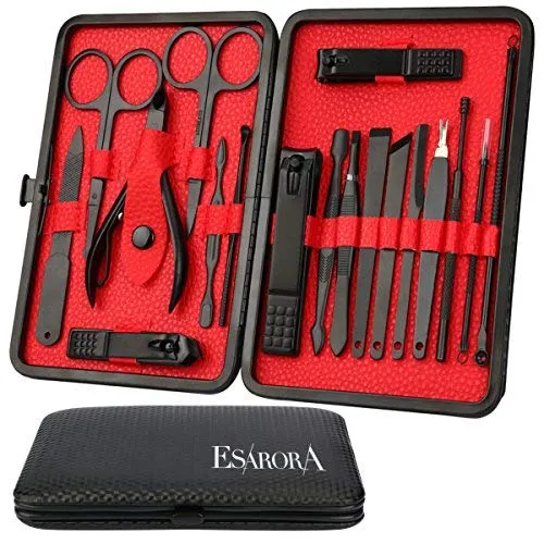 ESARORA Manicure Set, 20 in 1 Stainless Steel Professional Pedicure Kit Nail Scissors Grooming Kit with Mirror and Black Leather Travel Case, Double Layer