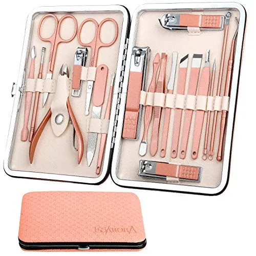 ESARORA Manicure Set, 20 in 1 Stainless Steel Professional Pedicure Kit Nail Scissors Grooming Kit with Mirror and Black Leather Travel Case, Double Layer