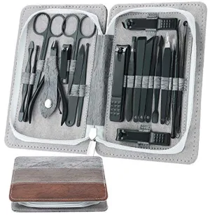 ESARORA Manicure Set, 20 in 1 Stainless Steel Professional Pedicure Kit Nail Scissors Grooming Kit with Mirror and Black Leather Travel Case, Double Layer