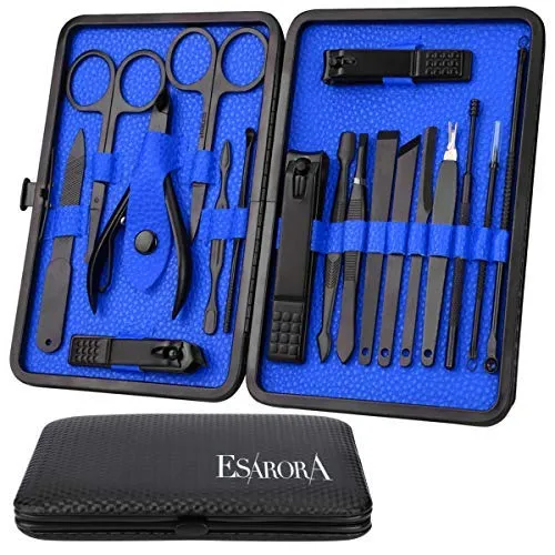 ESARORA Manicure Set, 20 in 1 Stainless Steel Professional Pedicure Kit Nail Scissors Grooming Kit with Mirror and Black Leather Travel Case, Double Layer