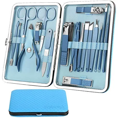 ESARORA Manicure Set, 20 in 1 Stainless Steel Professional Pedicure Kit Nail Scissors Grooming Kit with Mirror and Black Leather Travel Case, Double Layer