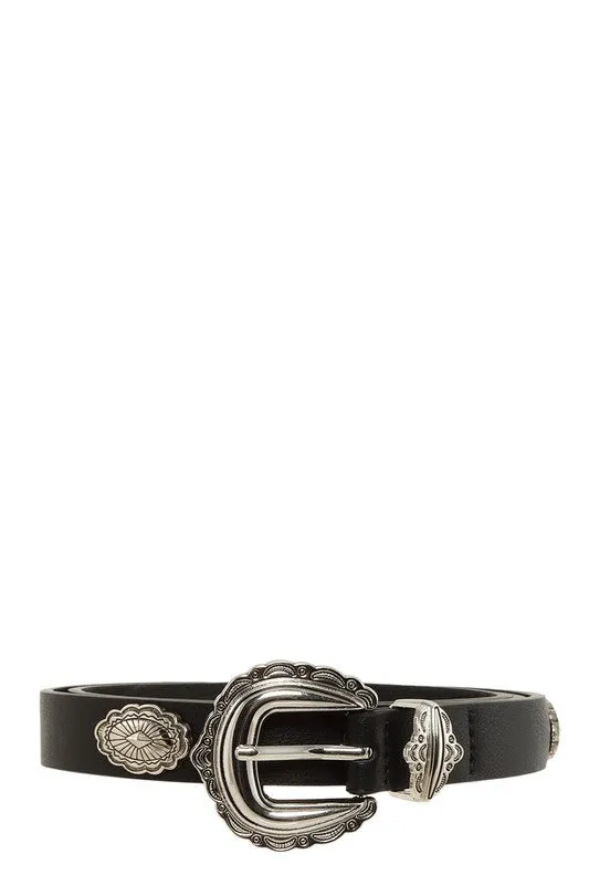 Etched Buckle Faux Leather Belt
