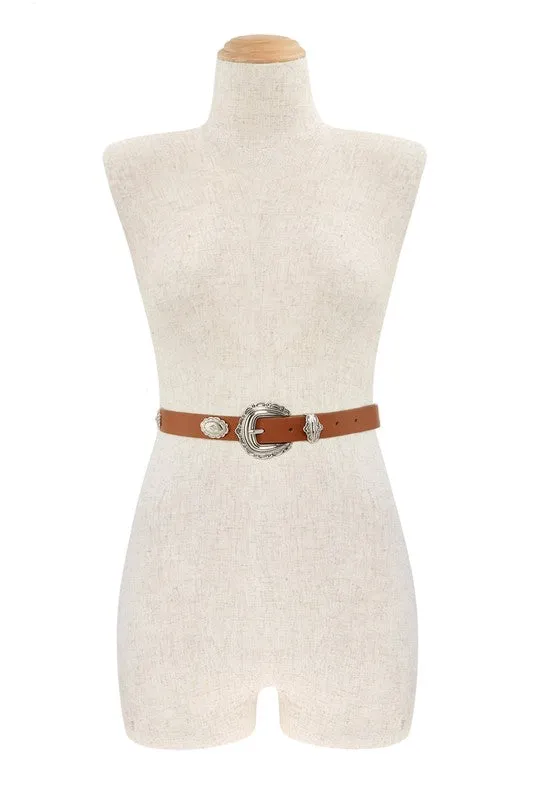Etched Buckle Faux Leather Belt