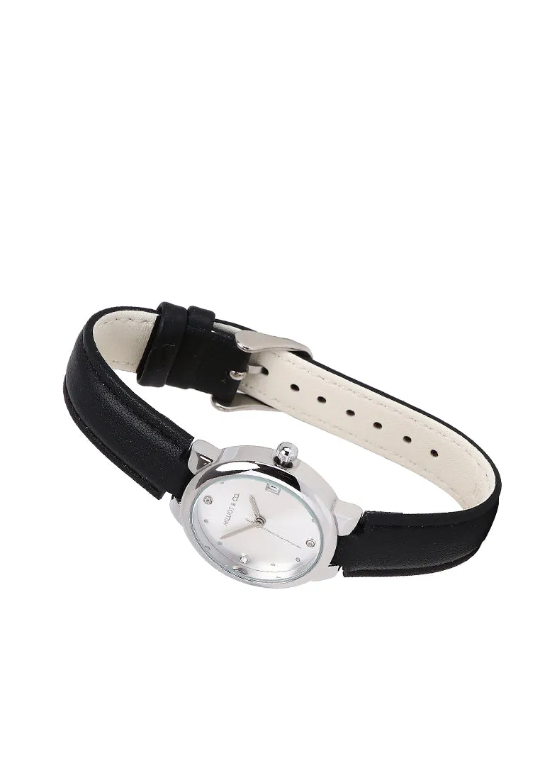 Fae Silver Leather Analog Watches with Necklace Set (Black)