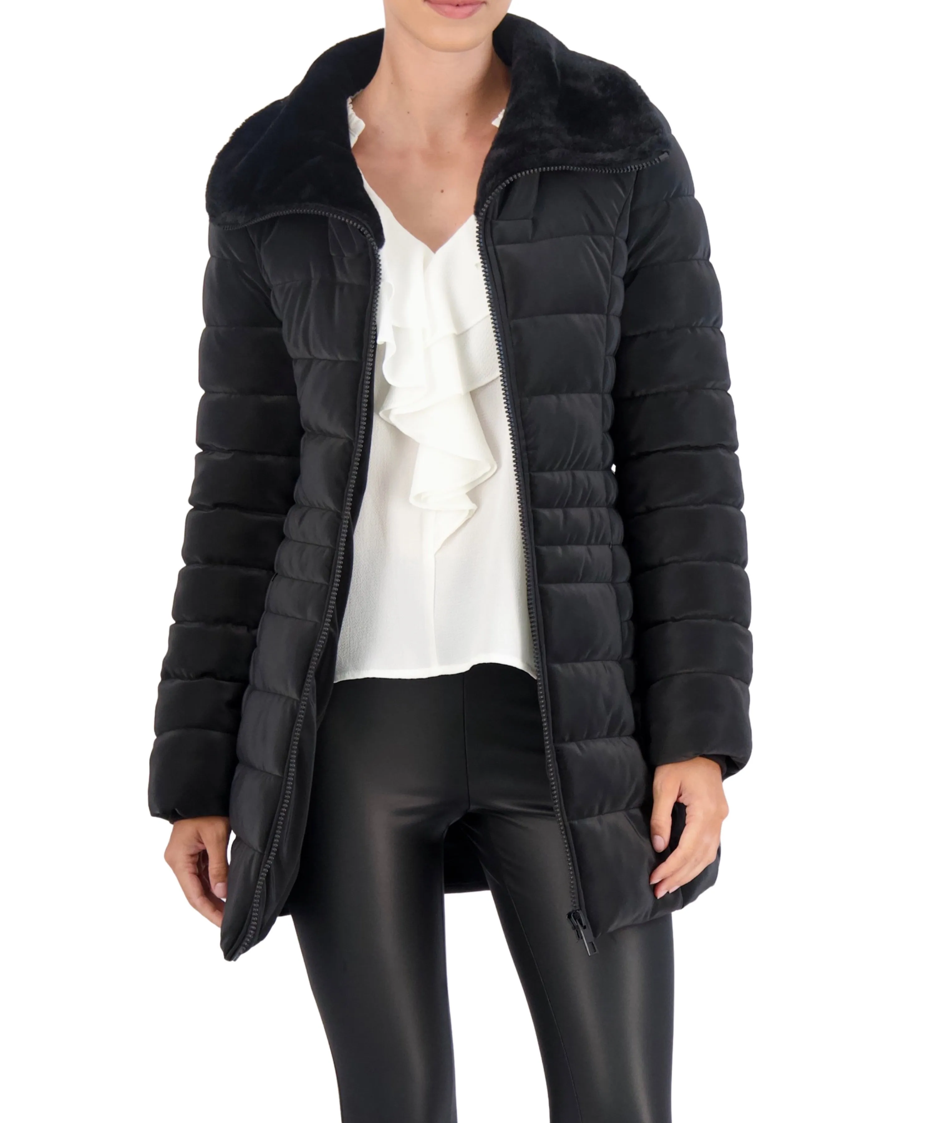 Faux Fur Trim Carbon Puffer Jacket