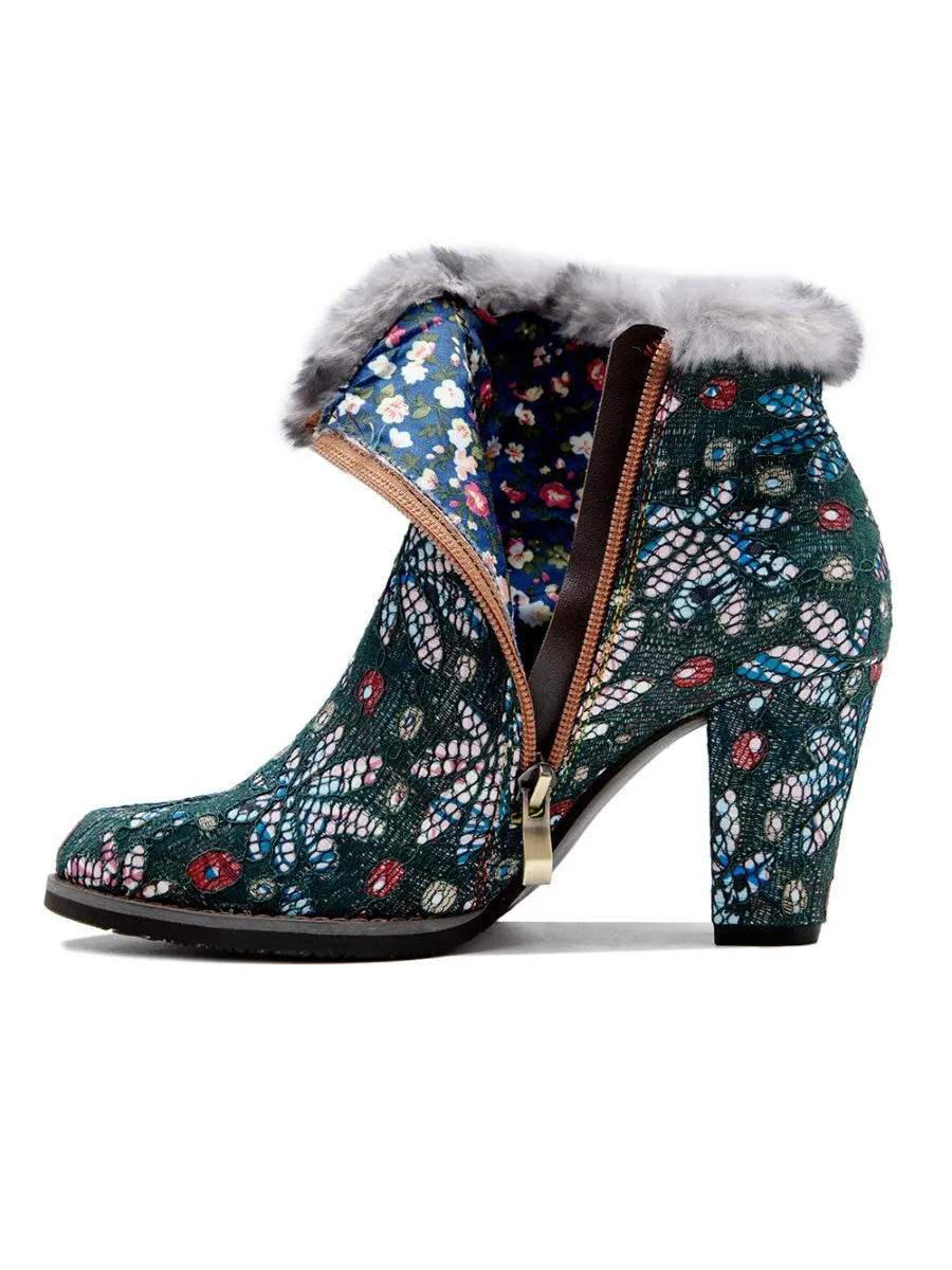 Faux Fur Trim Lace Surface Leather Boot