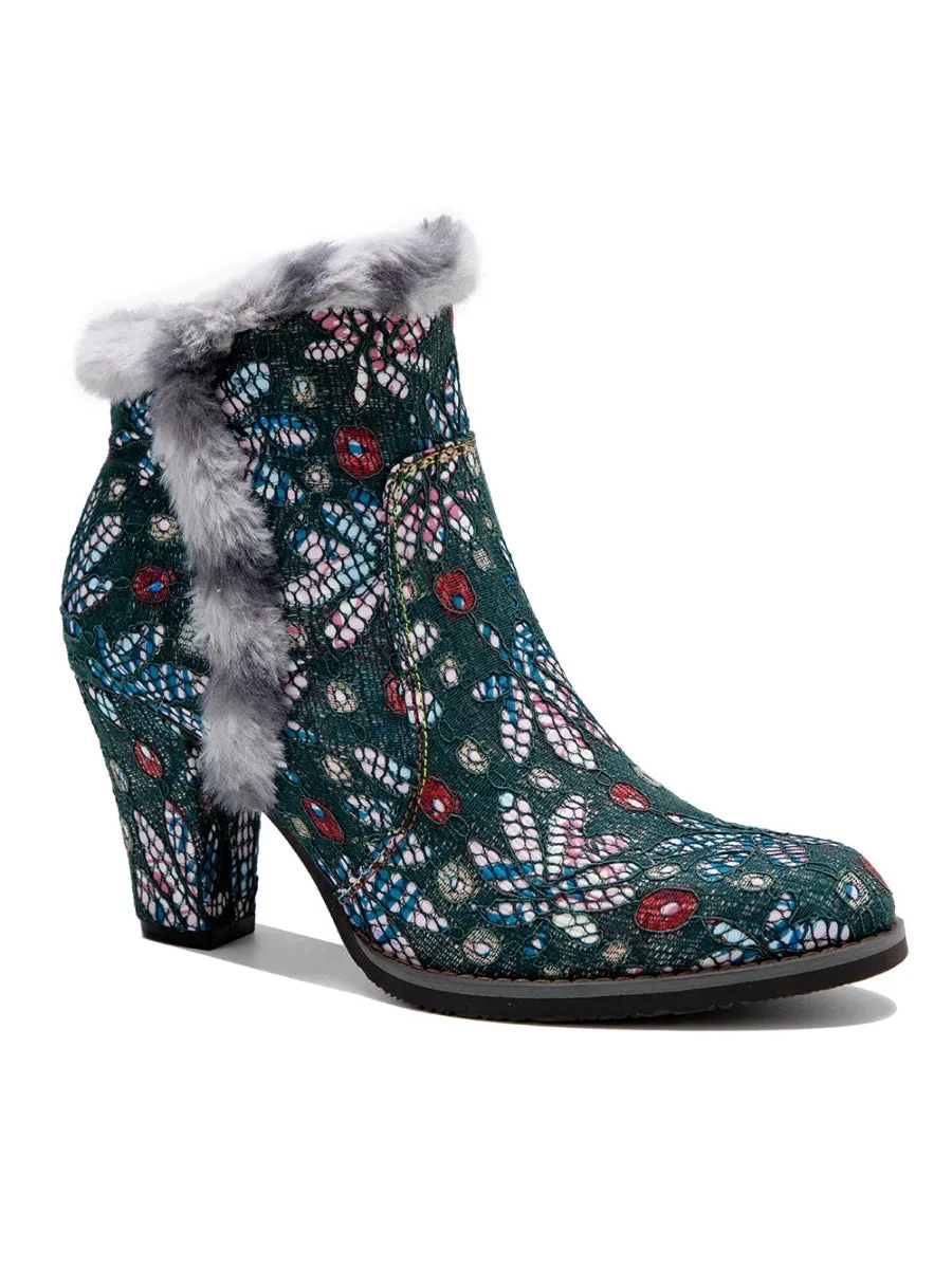Faux Fur Trim Lace Surface Leather Boot