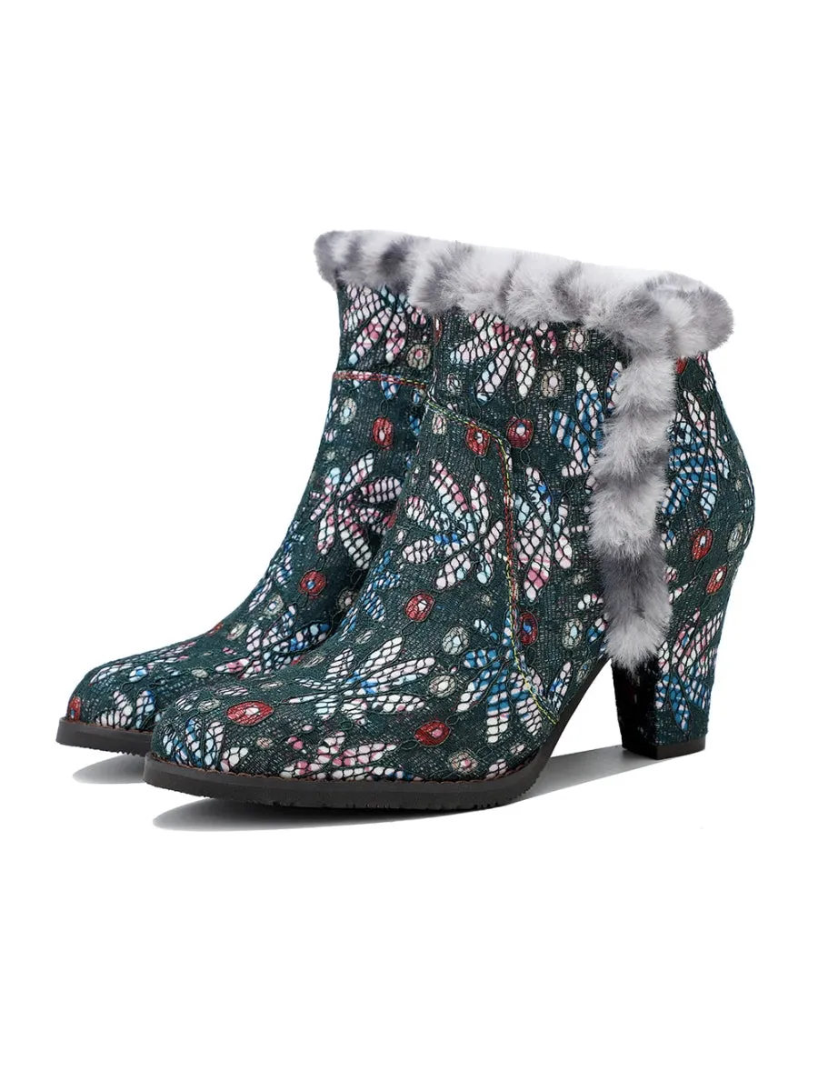 Faux Fur Trim Lace Surface Leather Boot