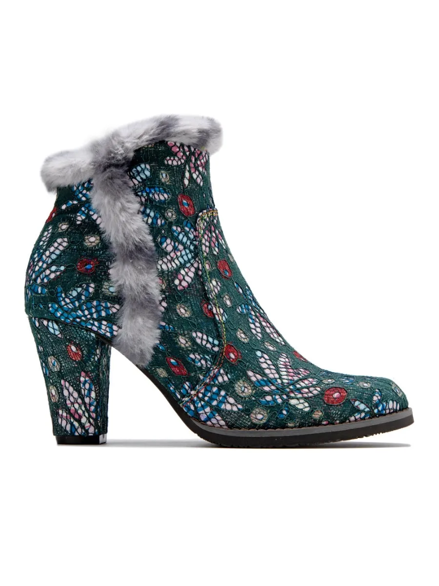 Faux Fur Trim Lace Surface Leather Boot