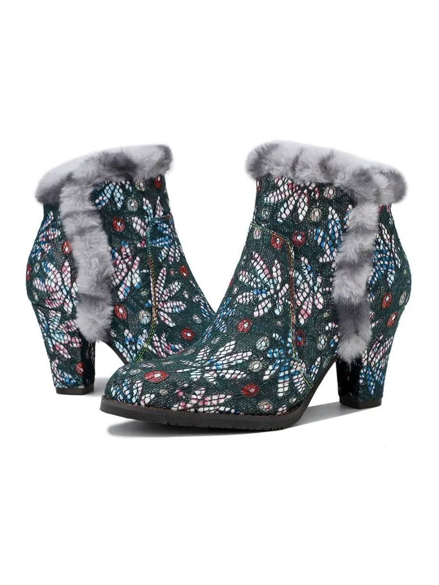 Faux Fur Trim Lace Surface Leather Boot