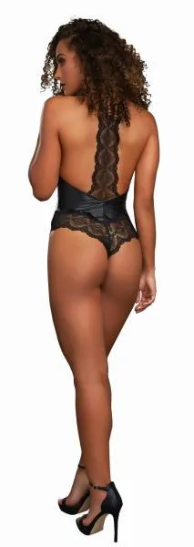 Faux Leather Halter Bodysuit - Black -