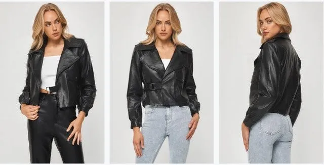 FAUX LEATHER JACKET WITH SIDE BUCKLE DETAIL