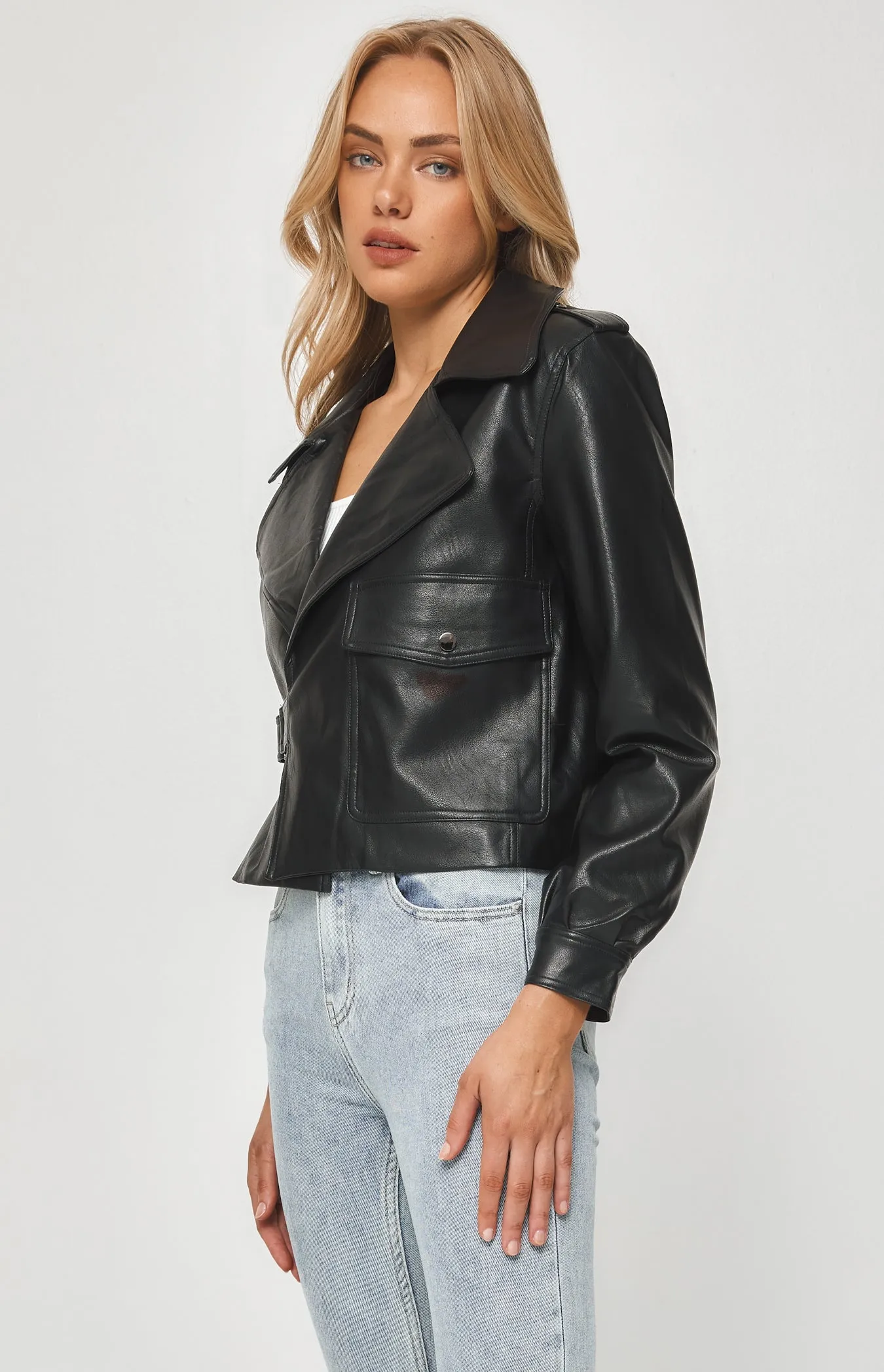 FAUX LEATHER JACKET WITH SIDE BUCKLE DETAIL