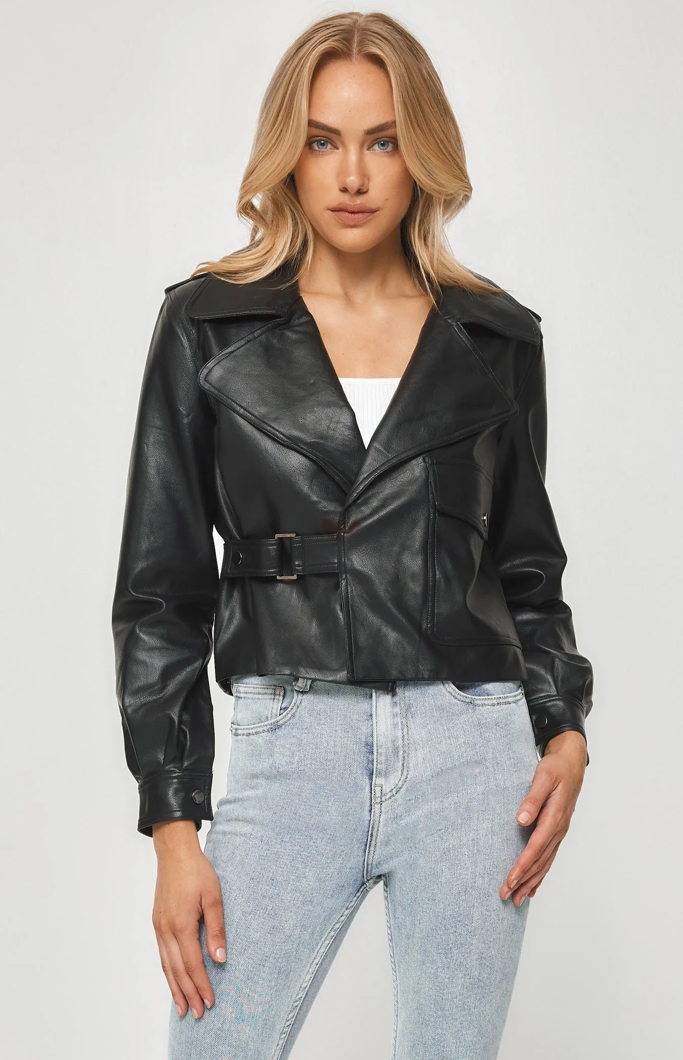 FAUX LEATHER JACKET WITH SIDE BUCKLE DETAIL