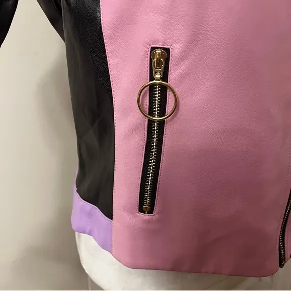 Faux leather moto jacket Color block pink purple black white XL Multicolor NWT