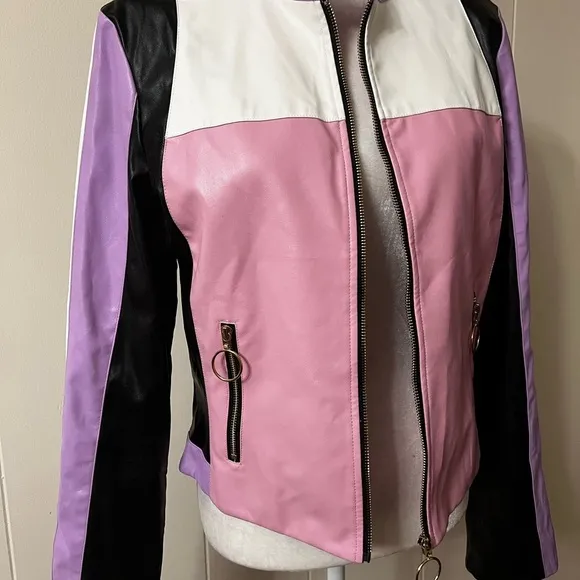Faux leather moto jacket Color block pink purple black white XL Multicolor NWT
