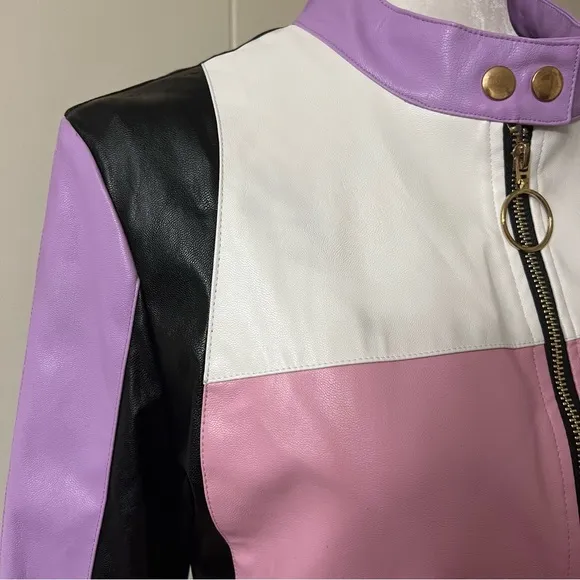 Faux leather moto jacket Color block pink purple black white XL Multicolor NWT