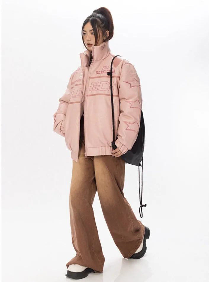 Faux Leather Racer Puffer Jacket
