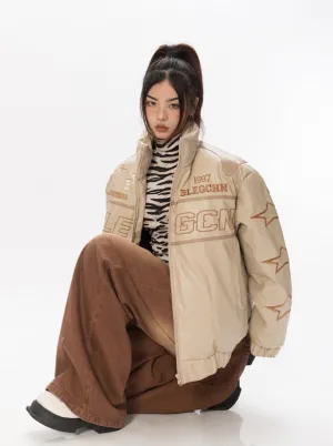Faux Leather Racer Puffer Jacket