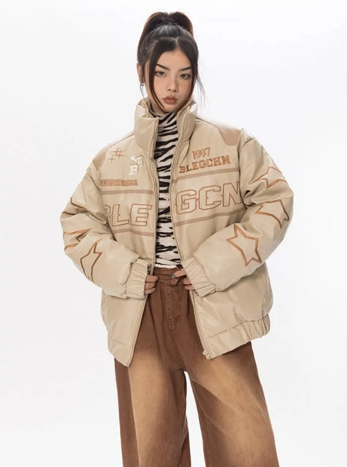 Faux Leather Racer Puffer Jacket