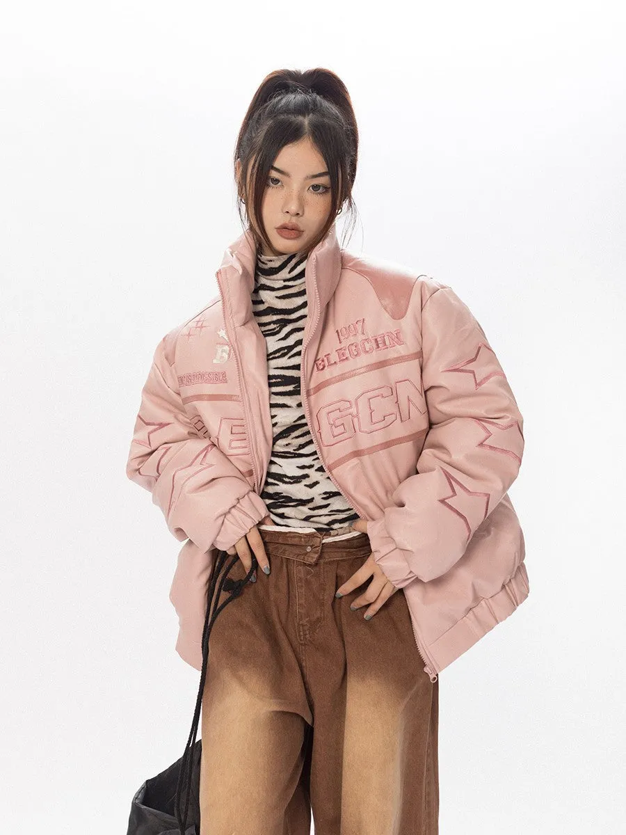 Faux Leather Racer Puffer Jacket