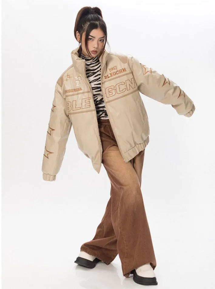 Faux Leather Racer Puffer Jacket