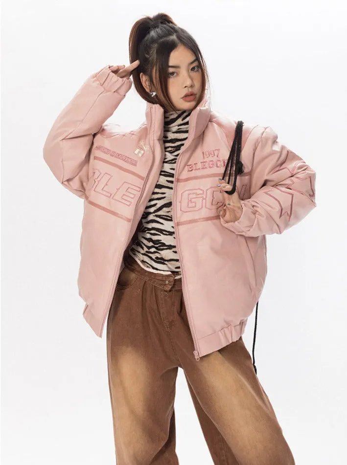 Faux Leather Racer Puffer Jacket
