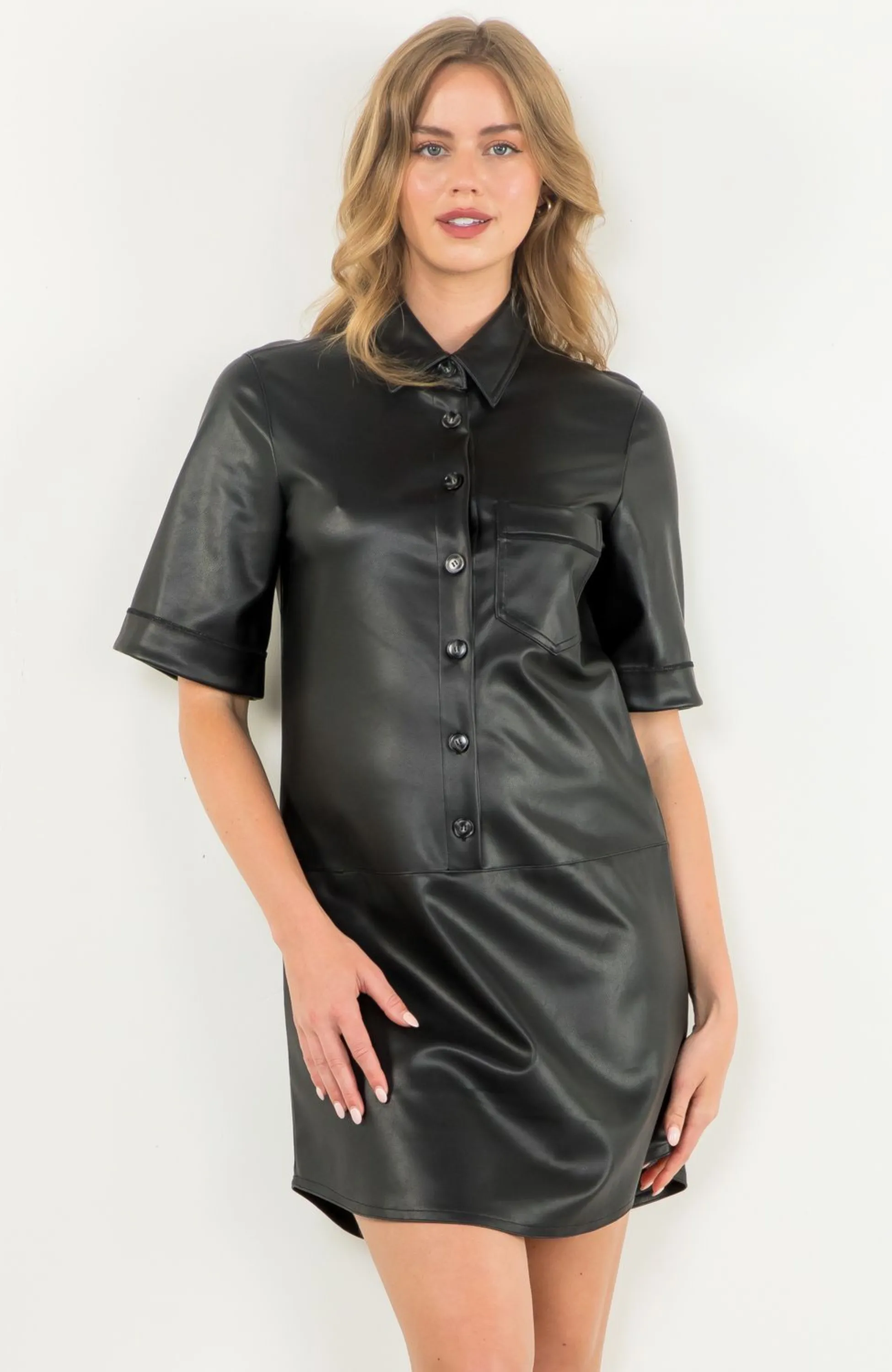 Faux Leather Shirt Dress