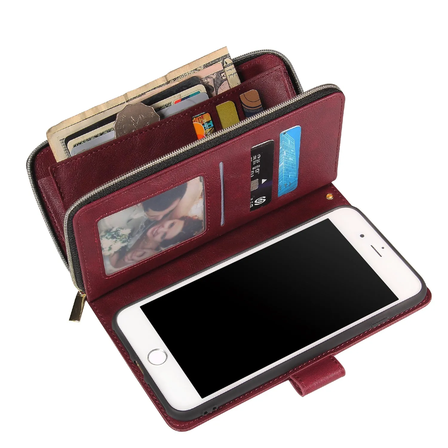 For Iphone 6/6s/6 Plus/6s Plus/7 Plus/8 Plus Pu Leather  Mobile Phone Cover Zipper Card Bag   Wrist Strap Red wine