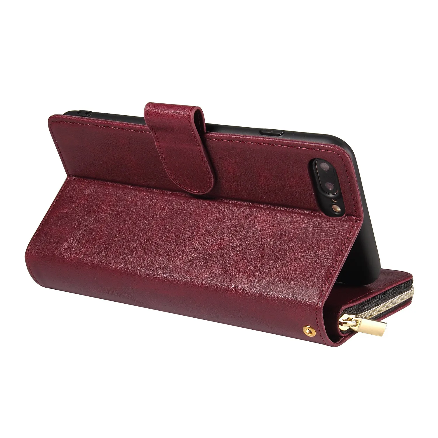 For Iphone 6/6s/6 Plus/6s Plus/7 Plus/8 Plus Pu Leather  Mobile Phone Cover Zipper Card Bag   Wrist Strap Red wine