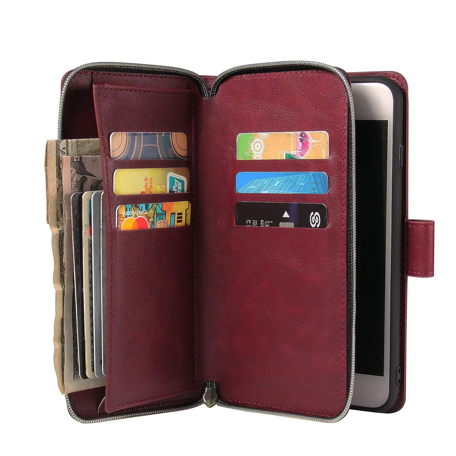 For Iphone 6/6s/6 Plus/6s Plus/7 Plus/8 Plus Pu Leather  Mobile Phone Cover Zipper Card Bag   Wrist Strap Red wine