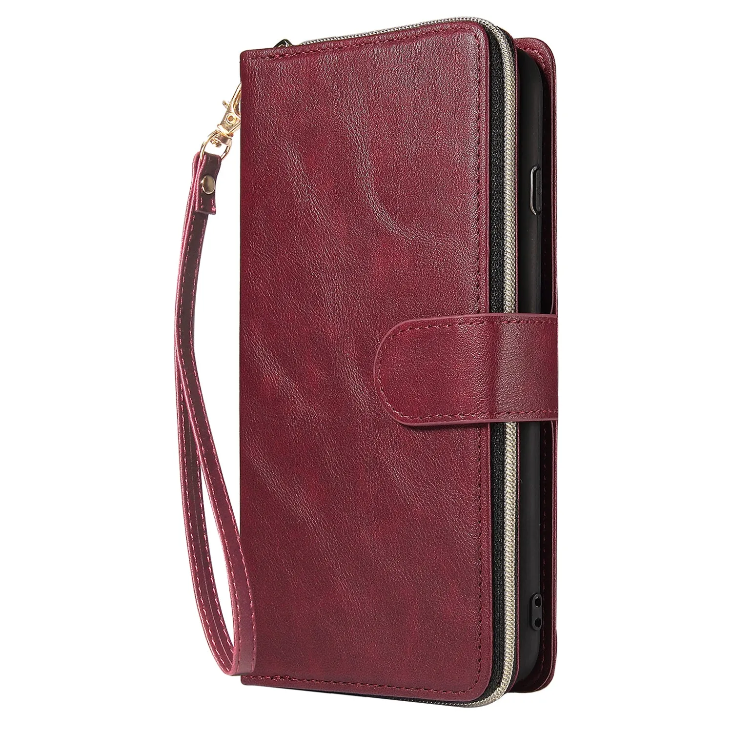 For Iphone 6/6s/6 Plus/6s Plus/7 Plus/8 Plus Pu Leather  Mobile Phone Cover Zipper Card Bag   Wrist Strap Red wine