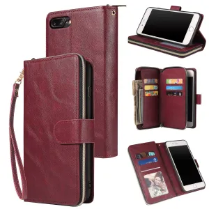 For Iphone 6/6s/6 Plus/6s Plus/7 Plus/8 Plus Pu Leather  Mobile Phone Cover Zipper Card Bag   Wrist Strap Red wine