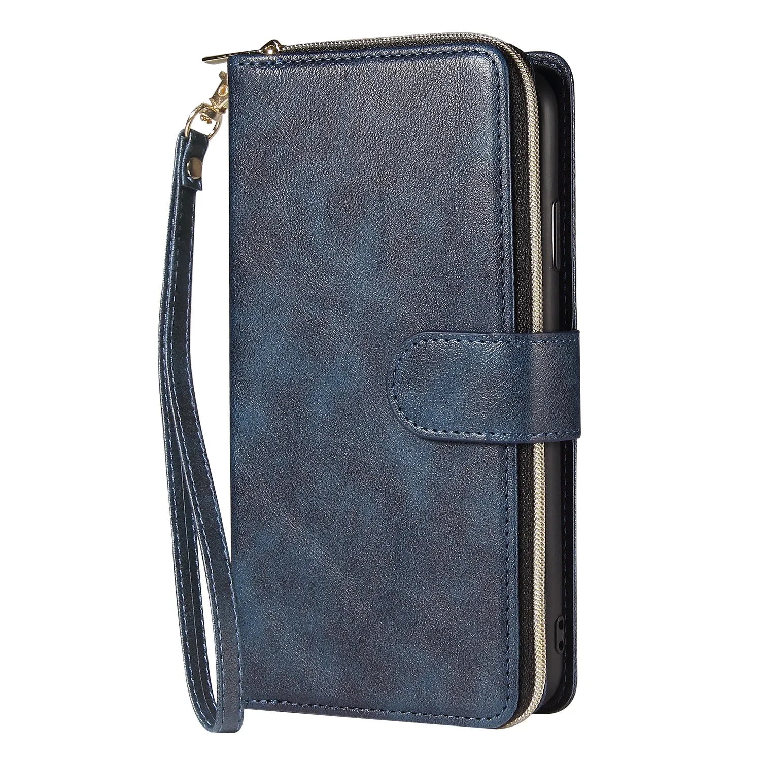For iphone X/XS/XS MAX/11/11Pro Pu Leather  Mobile Phone Cover Zipper Card Bag   Wrist Strap blue