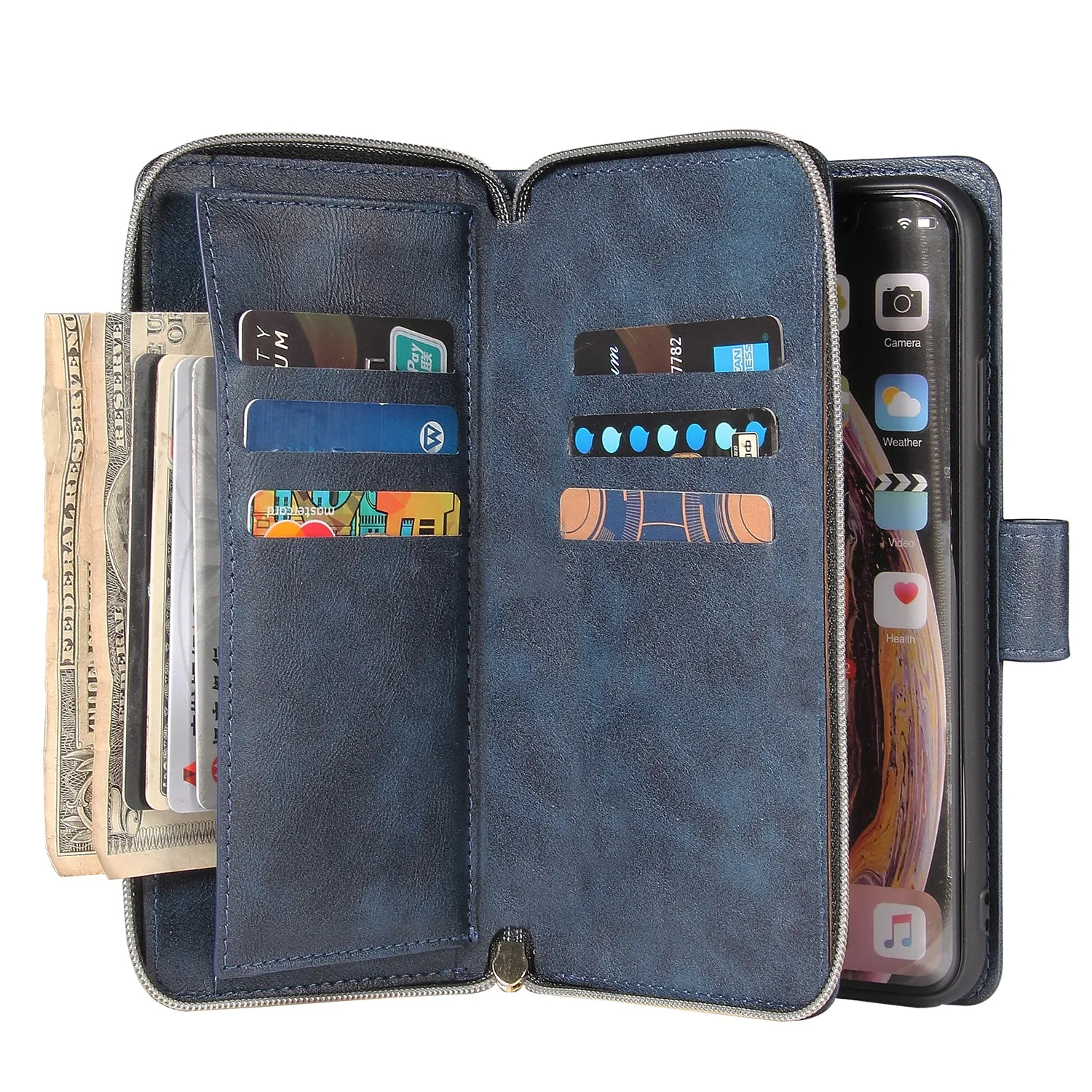 For iphone X/XS/XS MAX/11/11Pro Pu Leather  Mobile Phone Cover Zipper Card Bag   Wrist Strap blue