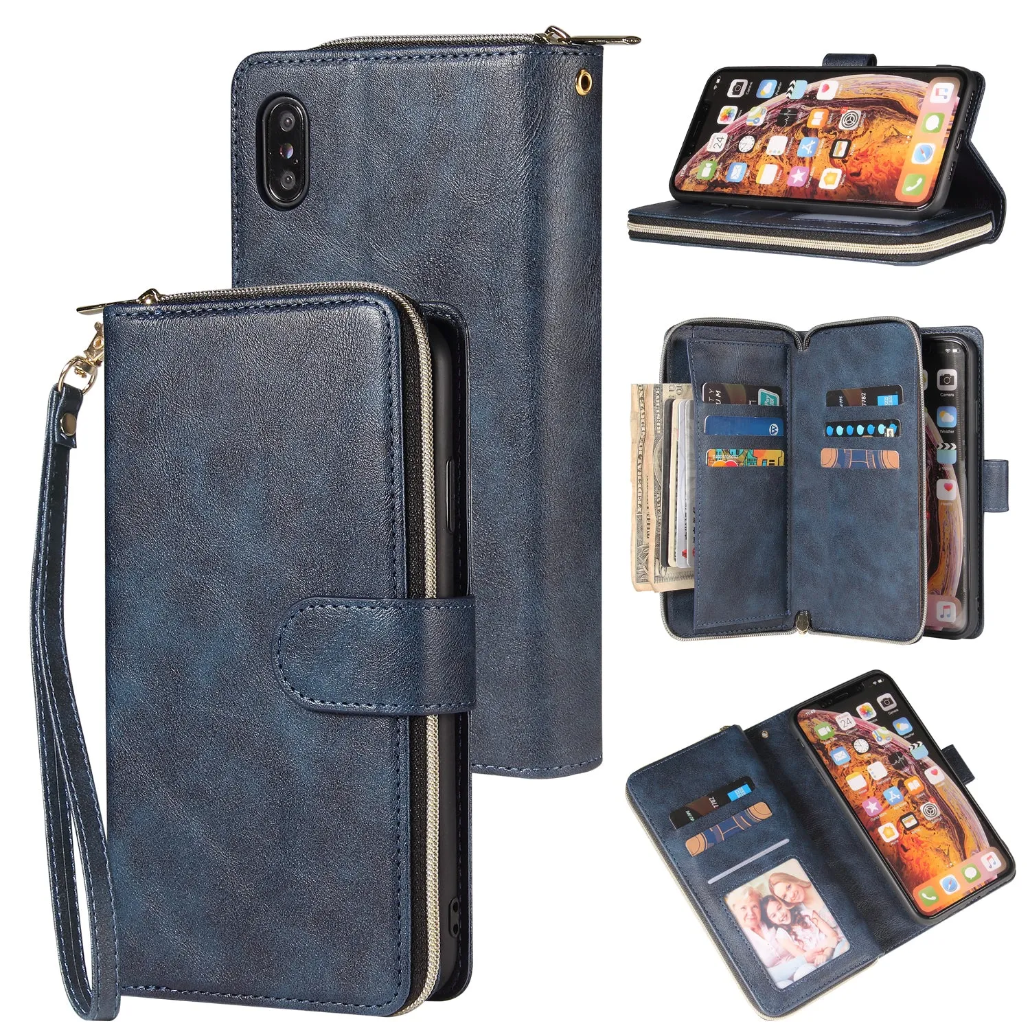 For iphone X/XS/XS MAX/11/11Pro Pu Leather  Mobile Phone Cover Zipper Card Bag   Wrist Strap blue