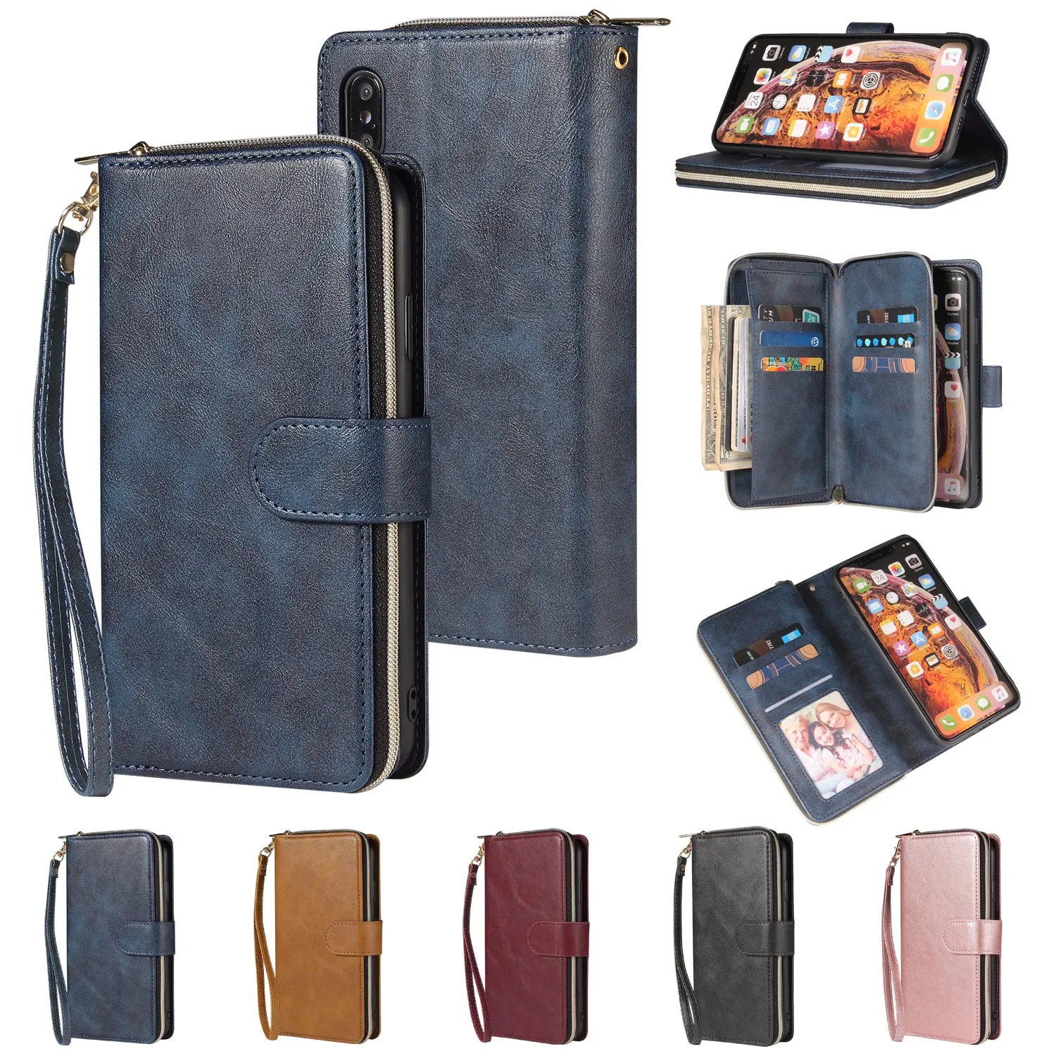 For iphone X/XS/XS MAX/11/11Pro Pu Leather  Mobile Phone Cover Zipper Card Bag   Wrist Strap blue