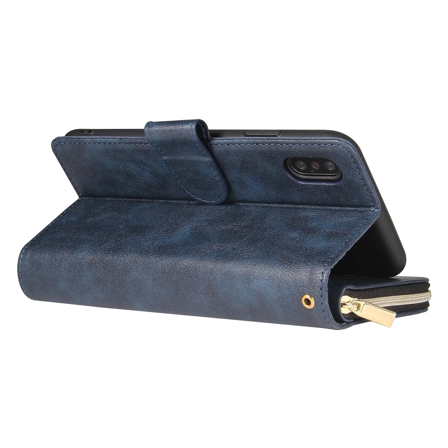 For iphone X/XS/XS MAX/11/11Pro Pu Leather  Mobile Phone Cover Zipper Card Bag   Wrist Strap blue