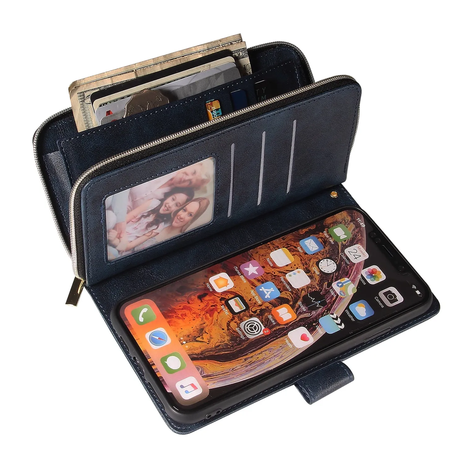 For iphone X/XS/XS MAX/11/11Pro Pu Leather  Mobile Phone Cover Zipper Card Bag   Wrist Strap blue