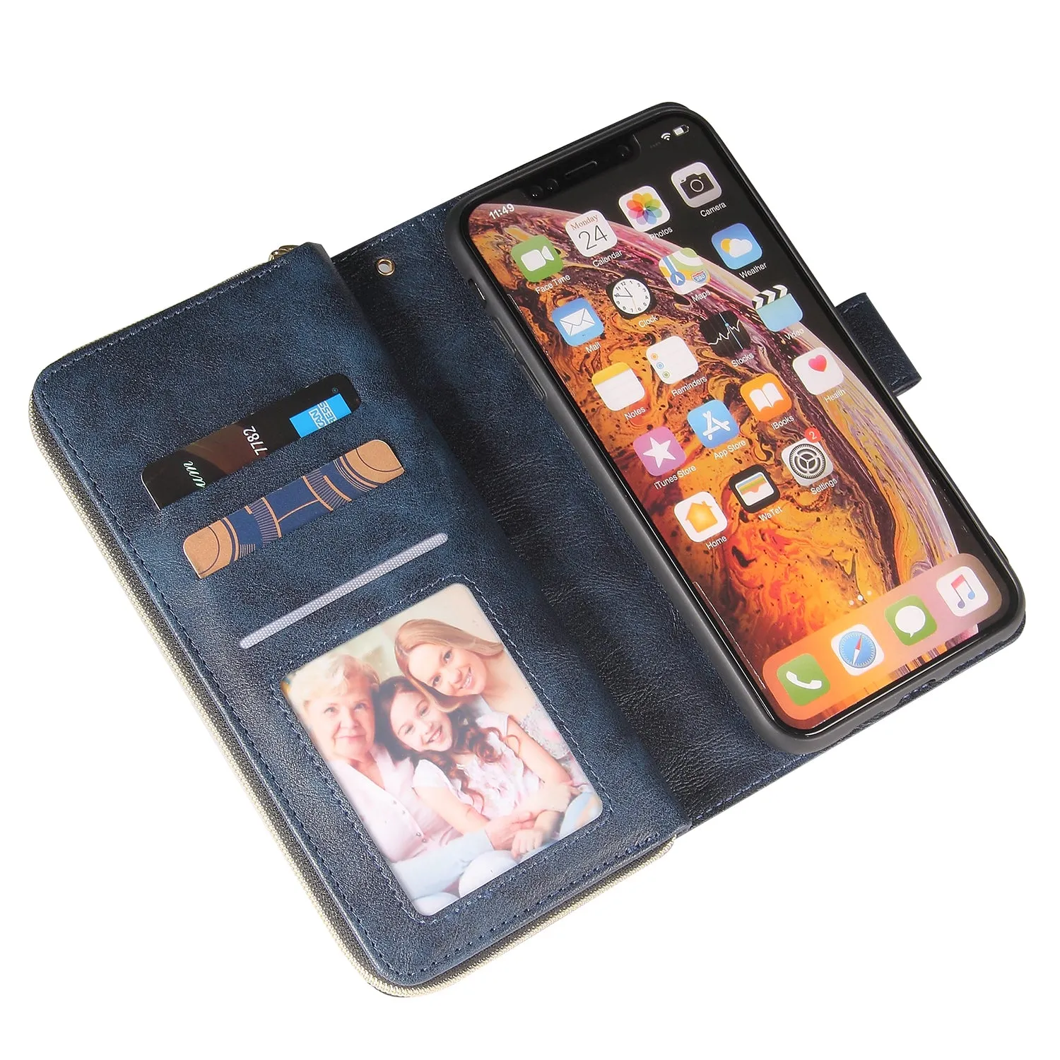 For iphone X/XS/XS MAX/11/11Pro Pu Leather  Mobile Phone Cover Zipper Card Bag   Wrist Strap blue