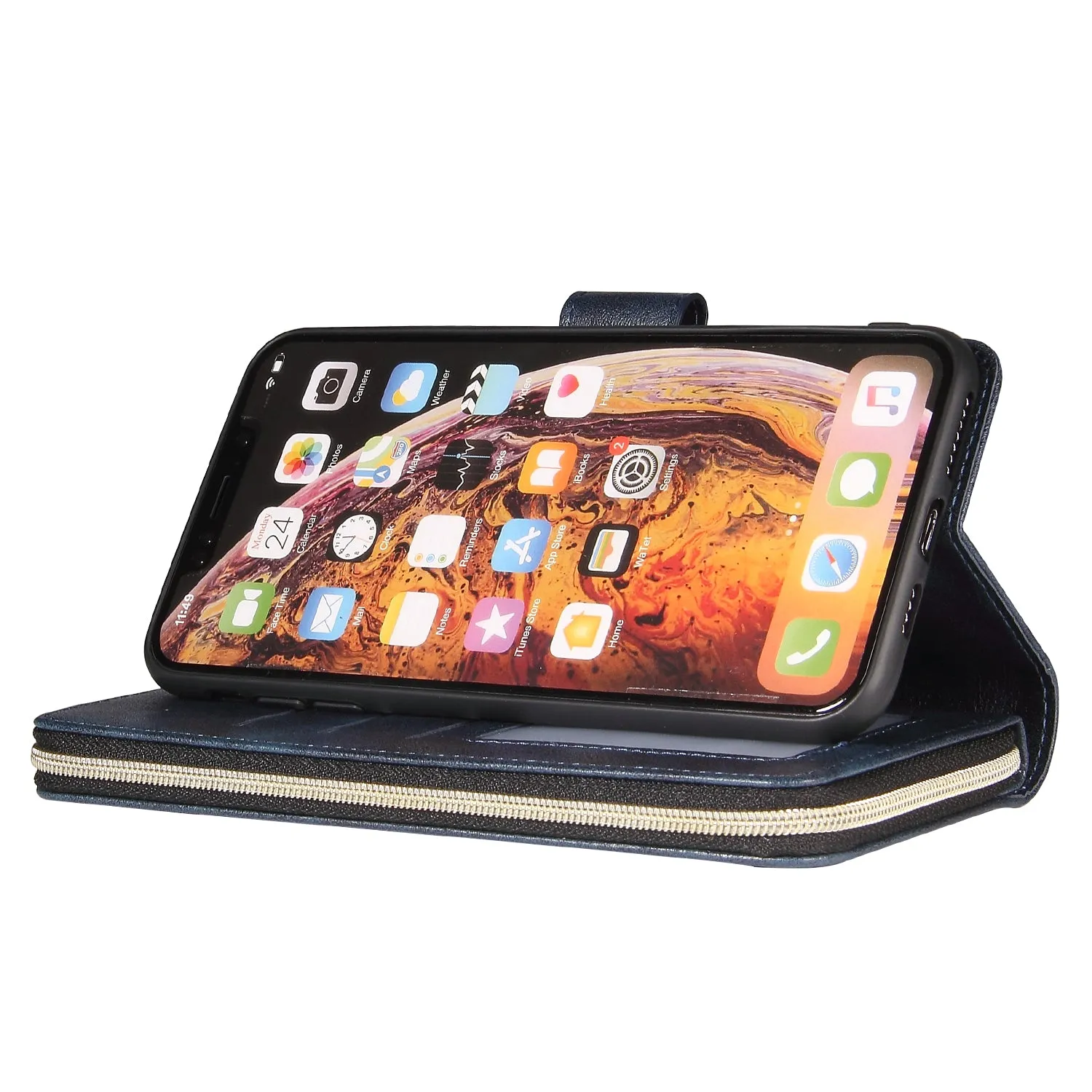 For iphone X/XS/XS MAX/11/11Pro Pu Leather  Mobile Phone Cover Zipper Card Bag   Wrist Strap blue